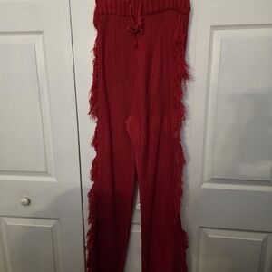 Red Fringe Knit Pants